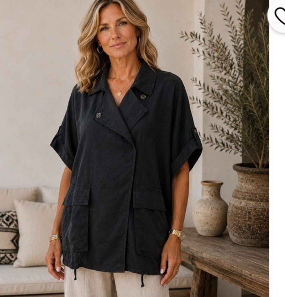 EILEEN FISHER Black 100% Linen Oversized Notch Collar Blazer Jacket M